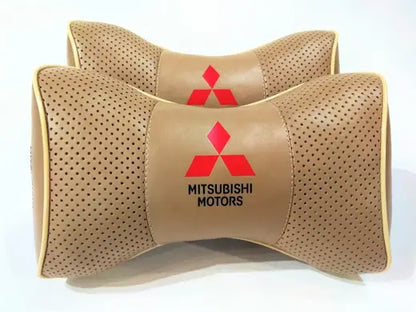 2pc Car Seat Headrest Neckrest Pillow Cushion Best Fashion Beige PU Leather Quality Mitsubishi