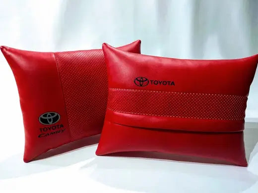 2pc Car Seat Lumbar Back Support Headrest Pillow Cushion Best Red PU Leather Toyota Cavry