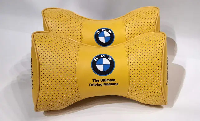 2pc Car Seat Headrest Pillow Neckrest Fashion Cushion Best Yellow PU Leather BMW