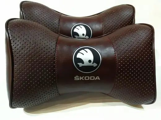 2pc Car Seat Headrest Pillow Neckrest Fashion Cushion Best Brown PU Leather Quality Skoda