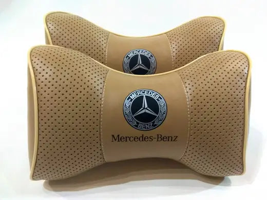 2pc Car Seat Headrest Neckrest Pillow Cushion Best Fashion Beige PU Leather Quality Mercedes-Benz