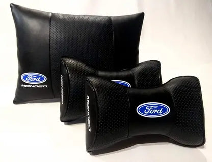 1 Set 3pcs Car Seat Headrest Pillow Best Back Lumbar Cushion Support PU Leather Ford