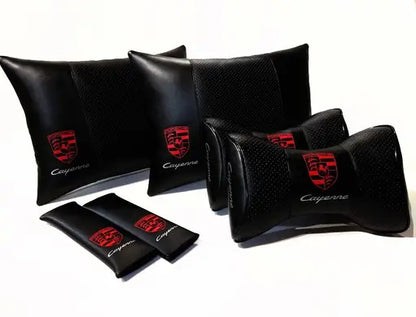 1 Set 6pcs Car Seat Headrest Pillow Best Back Lumbar Cushion Support PU Leather Porsche Cayenne