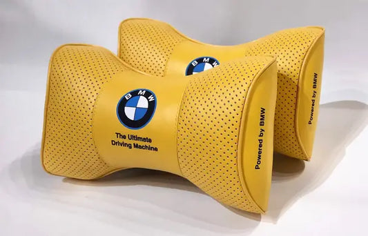 2pc Car Seat Headrest Pillow Neckrest Fashion Cushion Best Yellow PU Leather BMW