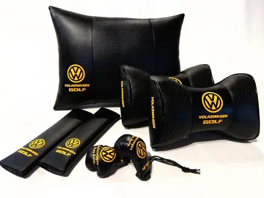 1 Set 7pcs Car Seat Headrest Pillow Best Back Lumbar Cushion Support PU Leather Volkswagen Golf