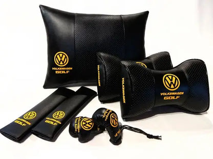 1 Set 7pcs Car Seat Headrest Pillow Best Back Lumbar Cushion Support PU Leather Volkswagen Golf